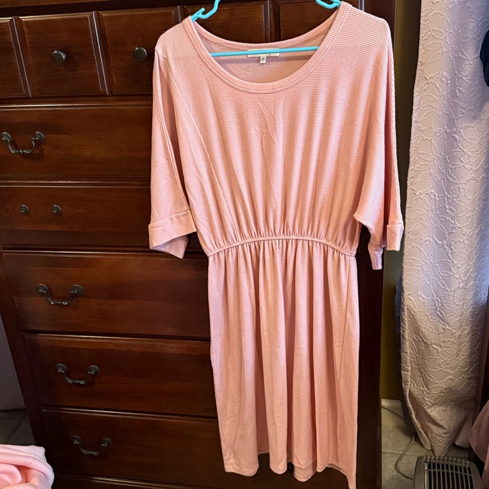 Chic Blush Midi Dress with subtle white stripes